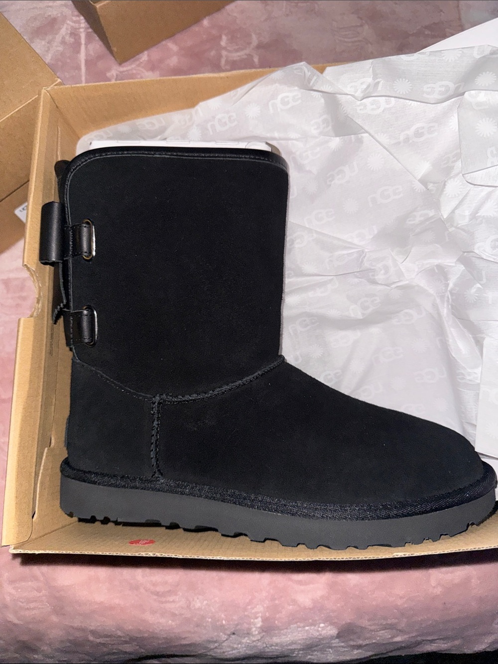 UGG Women's Black Suede Short Winter Boot with Buckle Detail